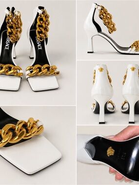 Versace White Leather High Heel Sandals with Gold Chain Detail